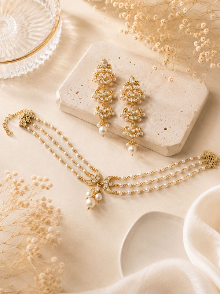 Pearl Layered Chand Necklace Set with Earrings | SHOBITAM