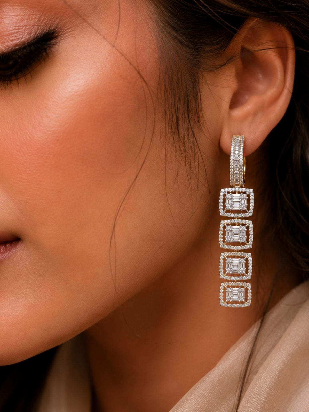 Geometric CZ Drop Earrings in Dual Tone Finish – Party Wear | SHOBITAM