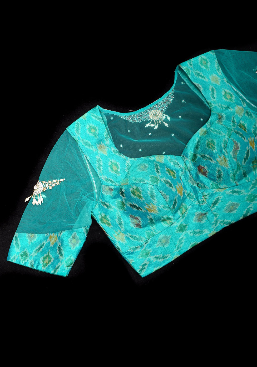 Cyan Pure ikkat  Raw silk blouse with Rhinestone detailing in back and sleeves