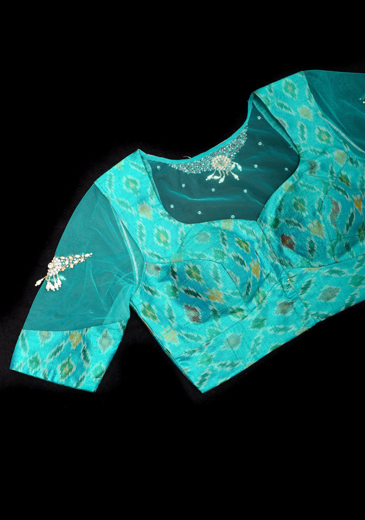 Cyan Pure ikkat  Raw silk blouse with Rhinestone detailing in back and sleeves