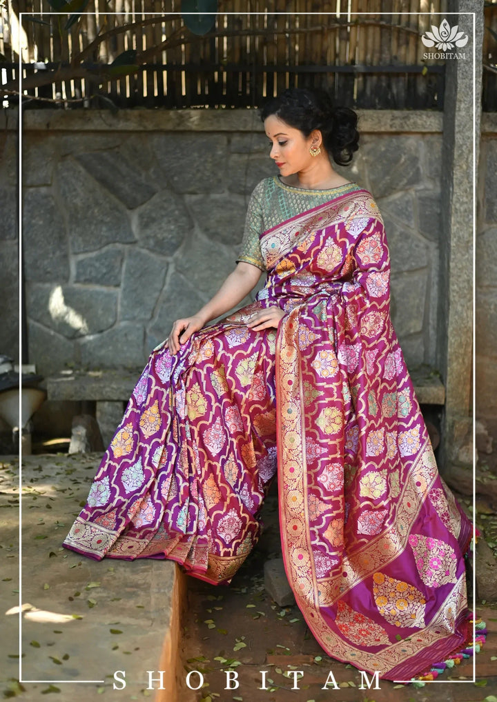 Authentic Kadhuwa Jungla Multi-color Meenakari Jaal Banarasi Silk Saree in Plum with Grand Pallu and Zari  | SILK MARK CERTIFIED