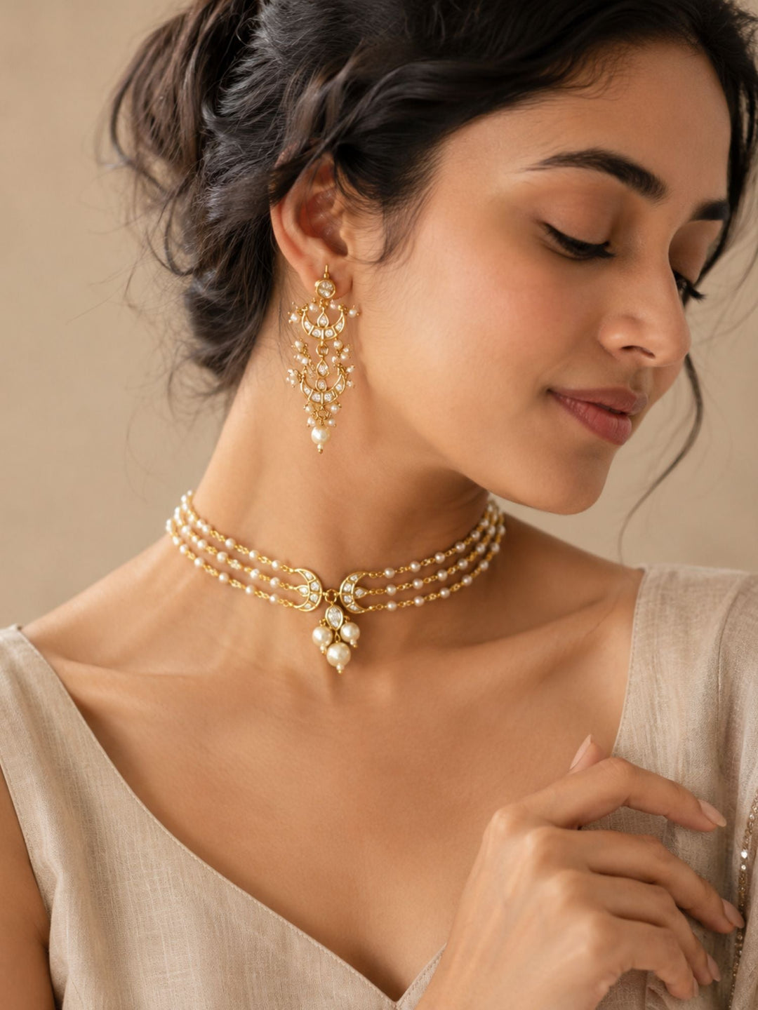 Pearl Layered Chand Necklace Set with Earrings | SHOBITAM