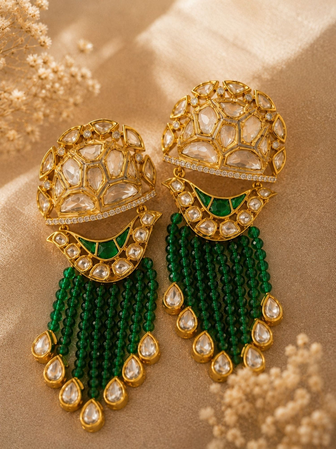 Green Kundan Tassel Earrings in Gold Finish – Festive Wear | SHOBITAM