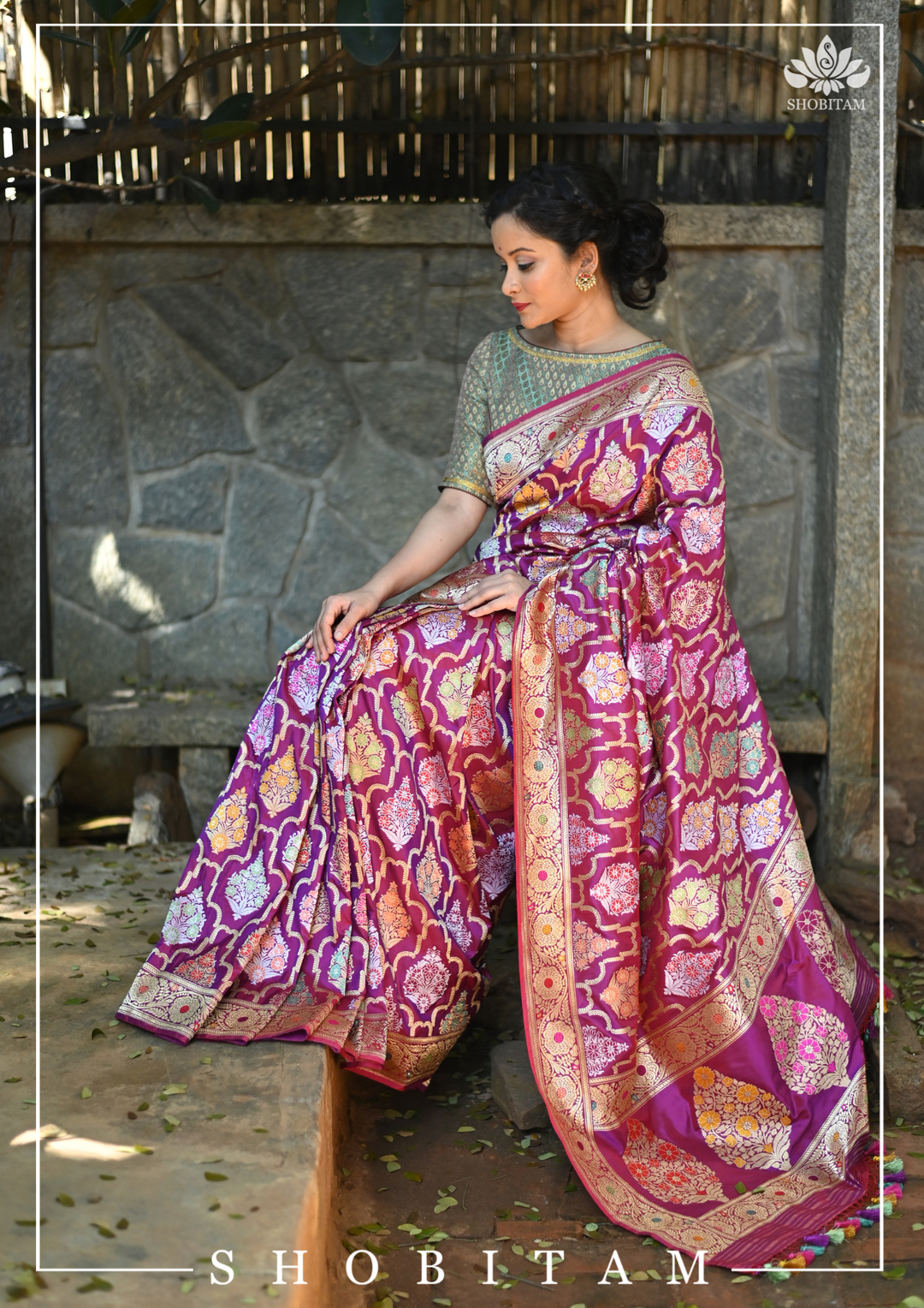Authentic Kadhuwa Jungla Multi-color Meenakari Jaal Banarasi Silk Saree in Plum with Grand Pallu and Zari  | SILK MARK CERTIFIED