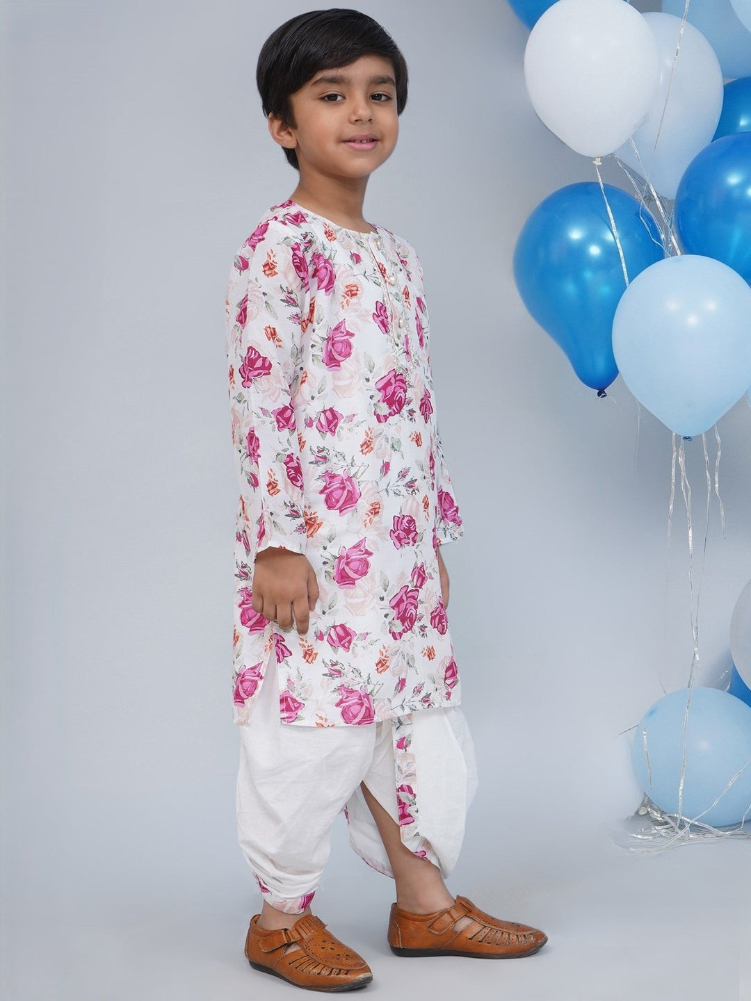 Boys Cream Muslin Garden Rose Dhoti Kurta Set | SHOBITAM