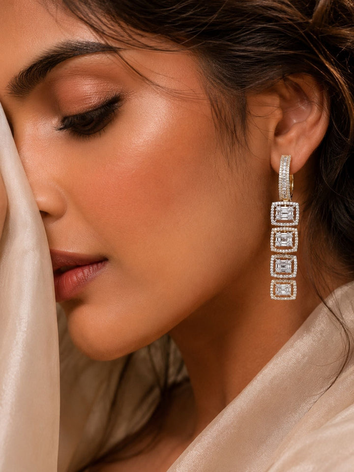 Geometric CZ Drop Earrings in Dual Tone Finish – Party Wear | SHOBITAM