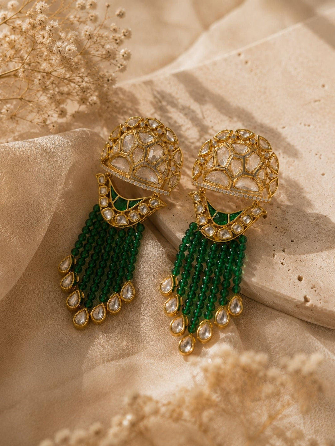 Green Kundan Tassel Earrings in Gold Finish – Festive Wear | SHOBITAM