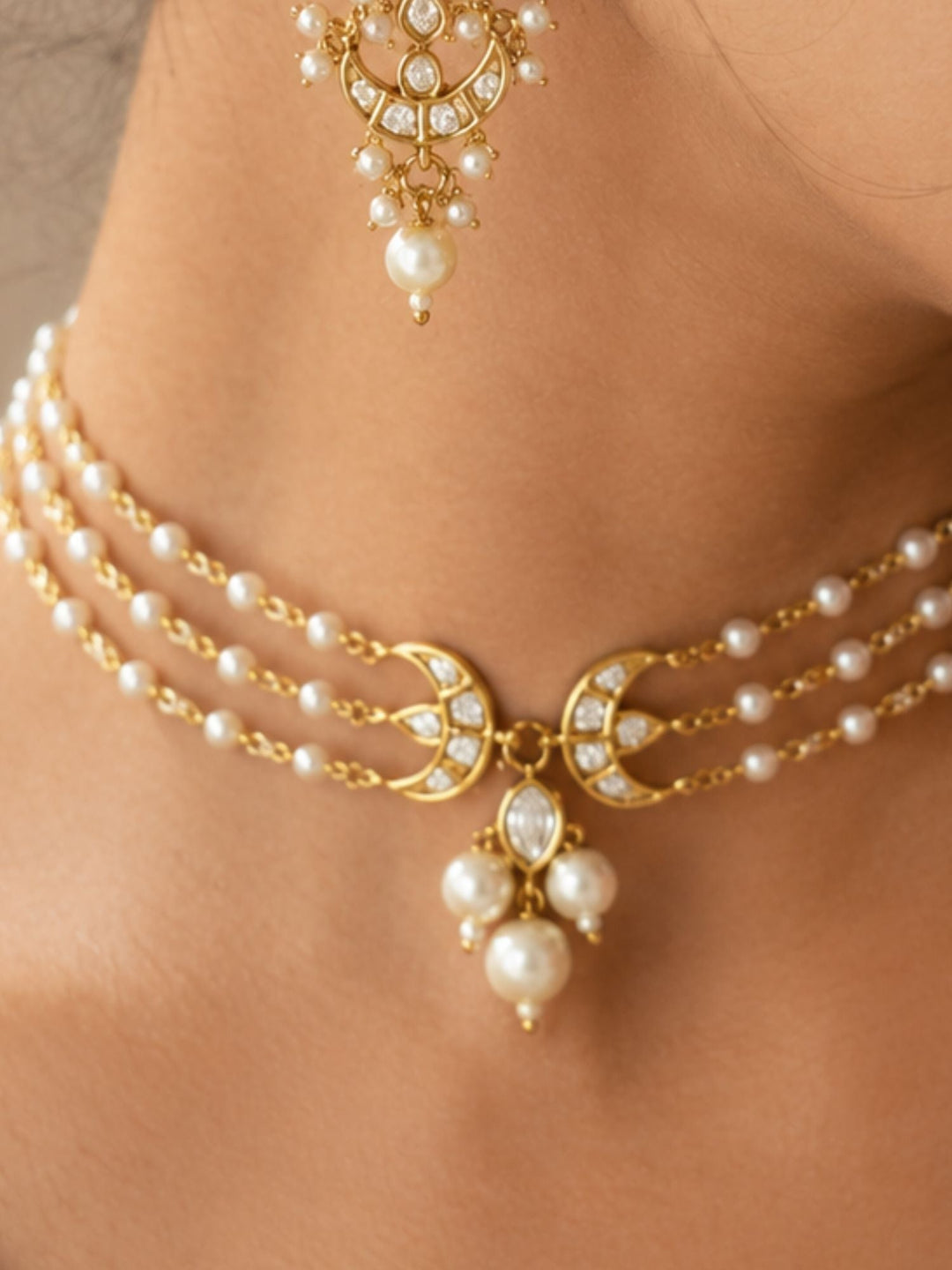Pearl Layered Chand Necklace Set with Earrings | SHOBITAM