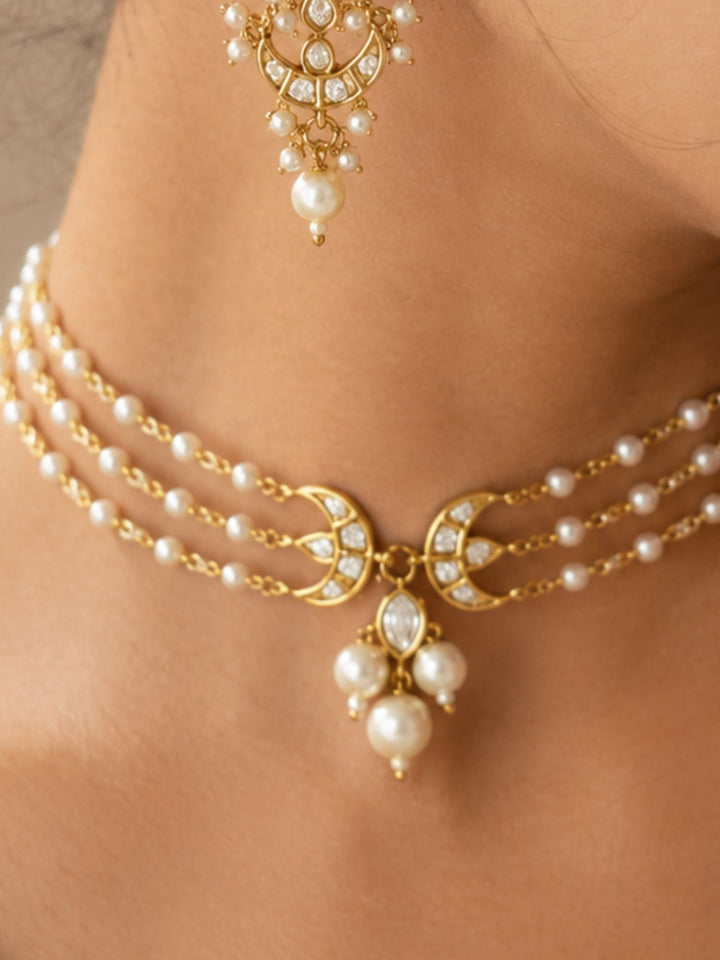 Pearl Layered Chand Necklace Set with Earrings | SHOBITAM