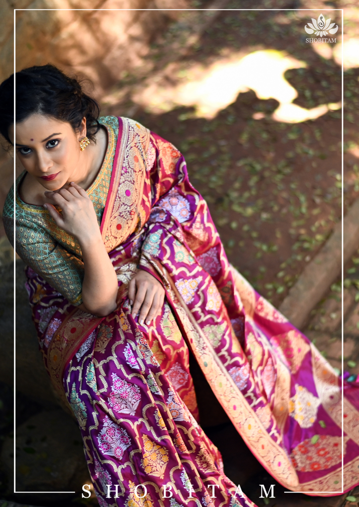 Authentic Kadhuwa Jungla Multi-color Meenakari Jaal Banarasi Silk Saree in Plum with Grand Pallu and Zari  | SILK MARK CERTIFIED