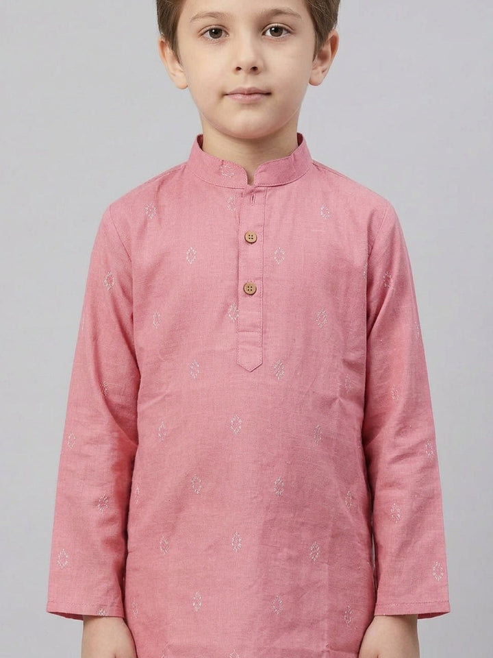 Boys Pink Cotton Kurta Set with Buta Motif | SHOBITAM