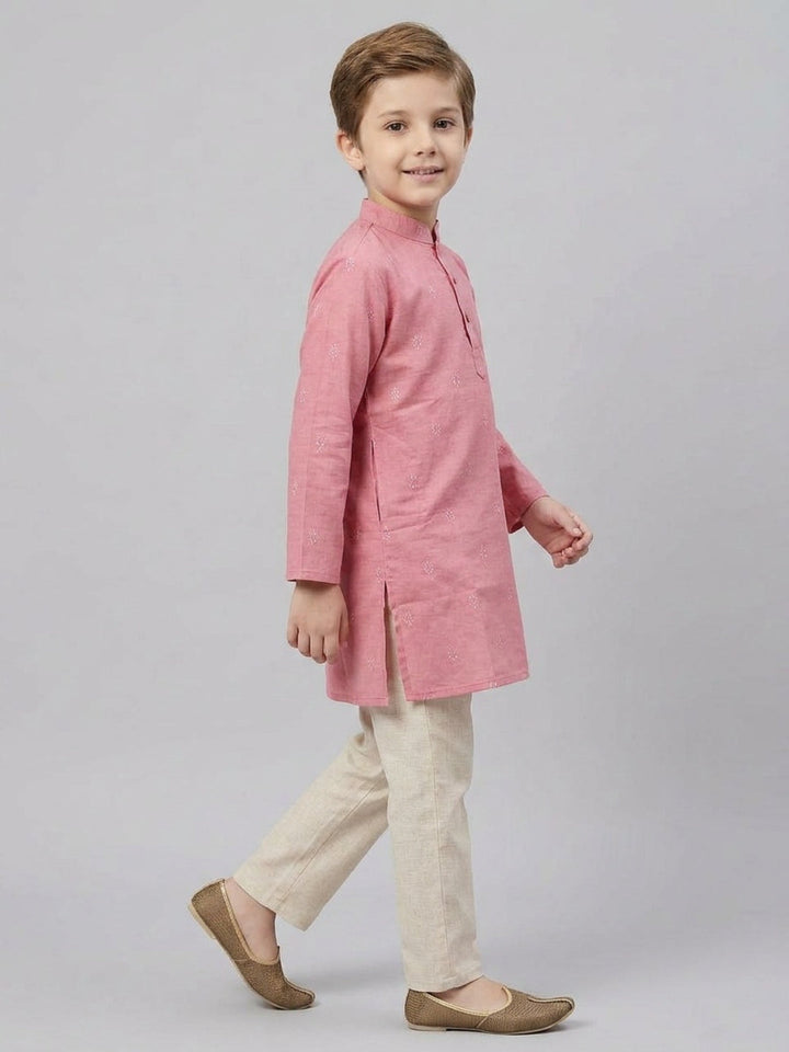 Boys Pink Cotton Kurta Set with Buta Motif | SHOBITAM