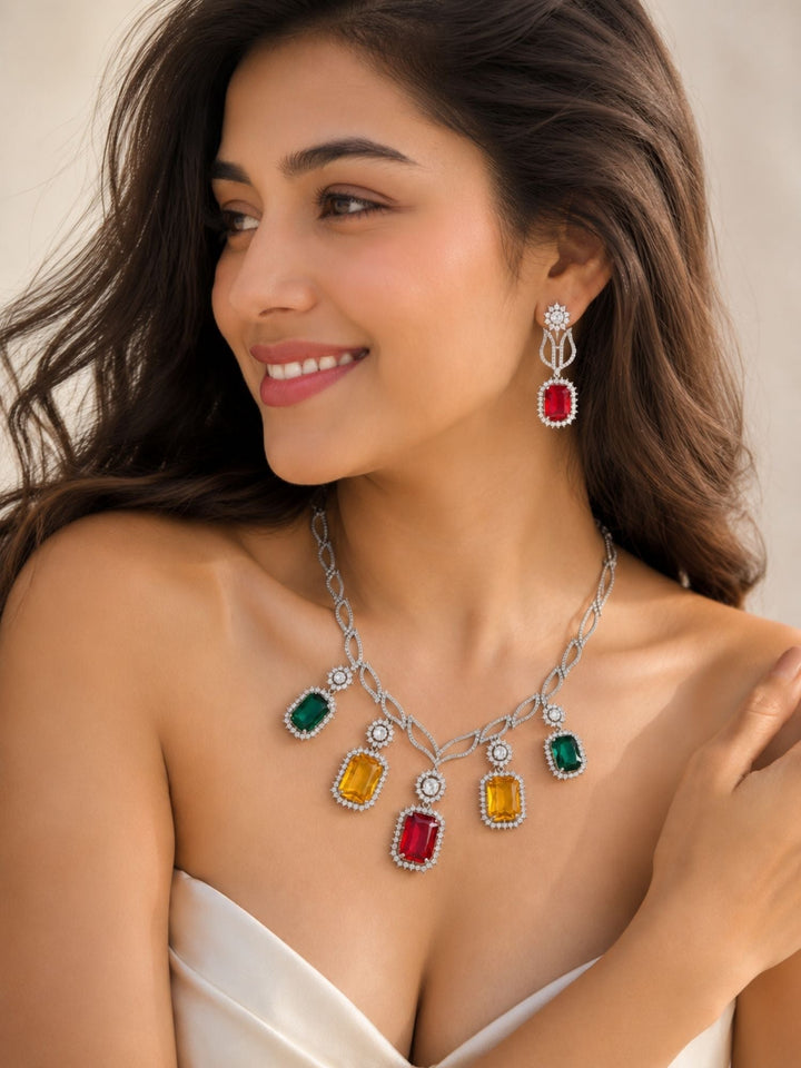 Multicolor Party CZ Necklace Set in Silver Plating | SHOBITAM