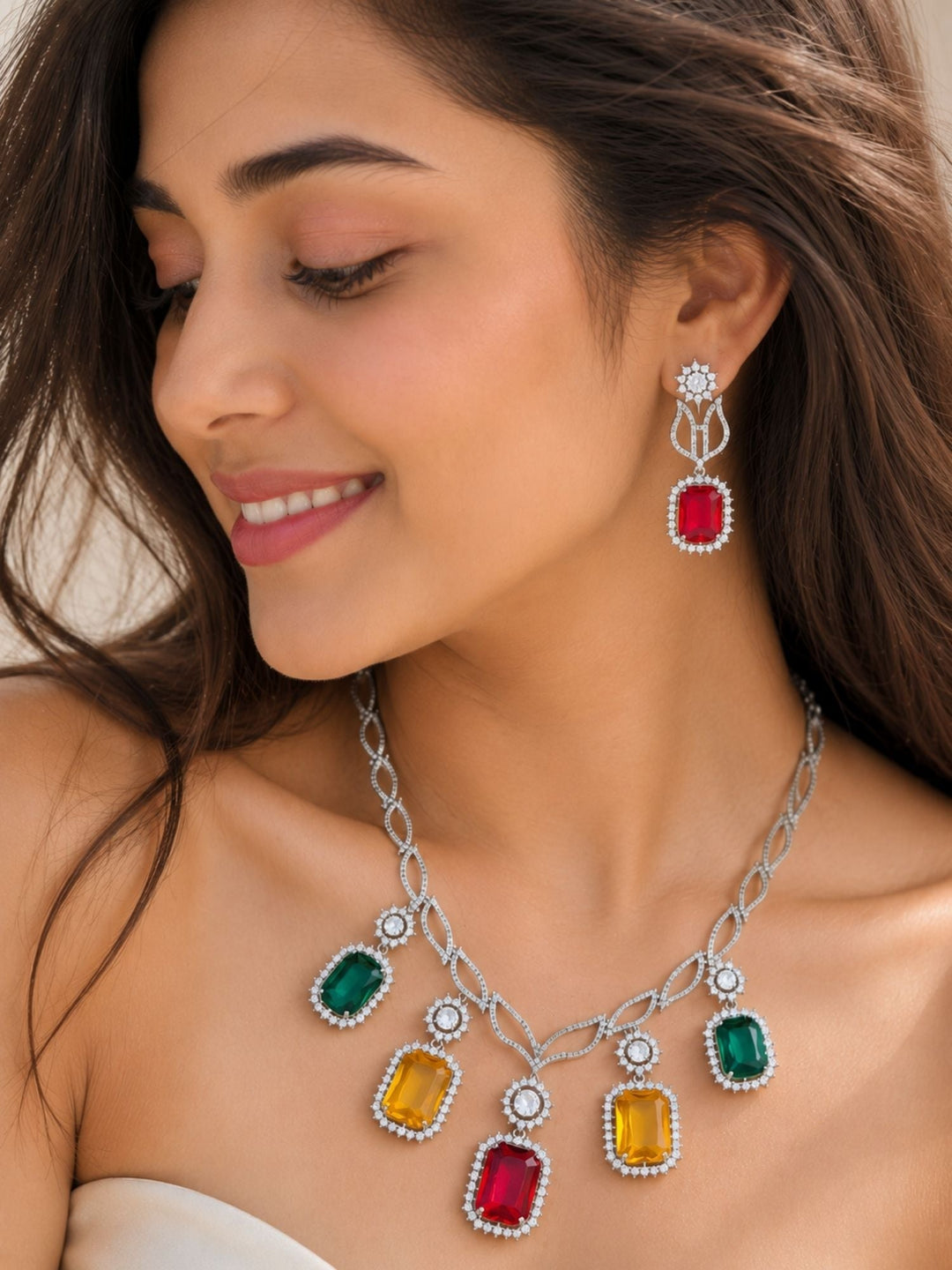 Multicolor Party CZ Necklace Set in Silver Plating | SHOBITAM