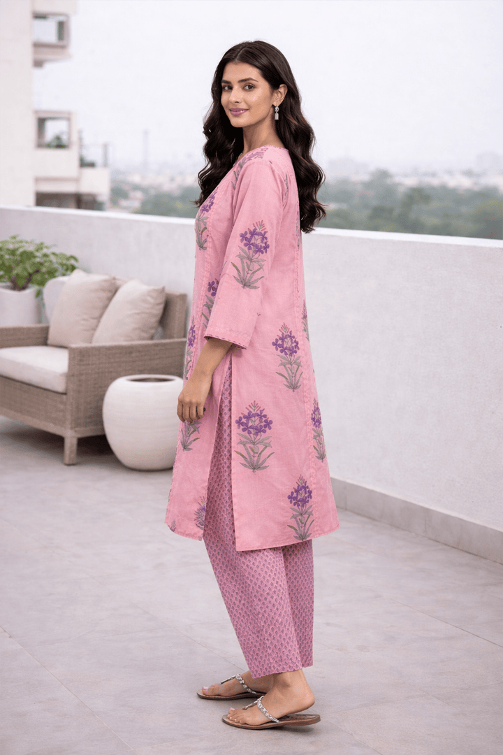 Peachy Hand Block Print Pink Kurta Set Of 2