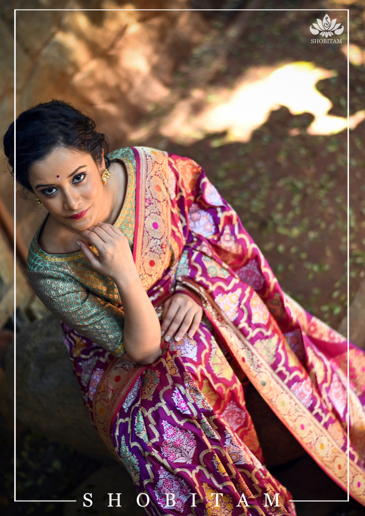 Authentic Kadhuwa Jungla Multi-color Meenakari Jaal Banarasi Silk Saree in Plum with Grand Pallu and Zari  | SILK MARK CERTIFIED