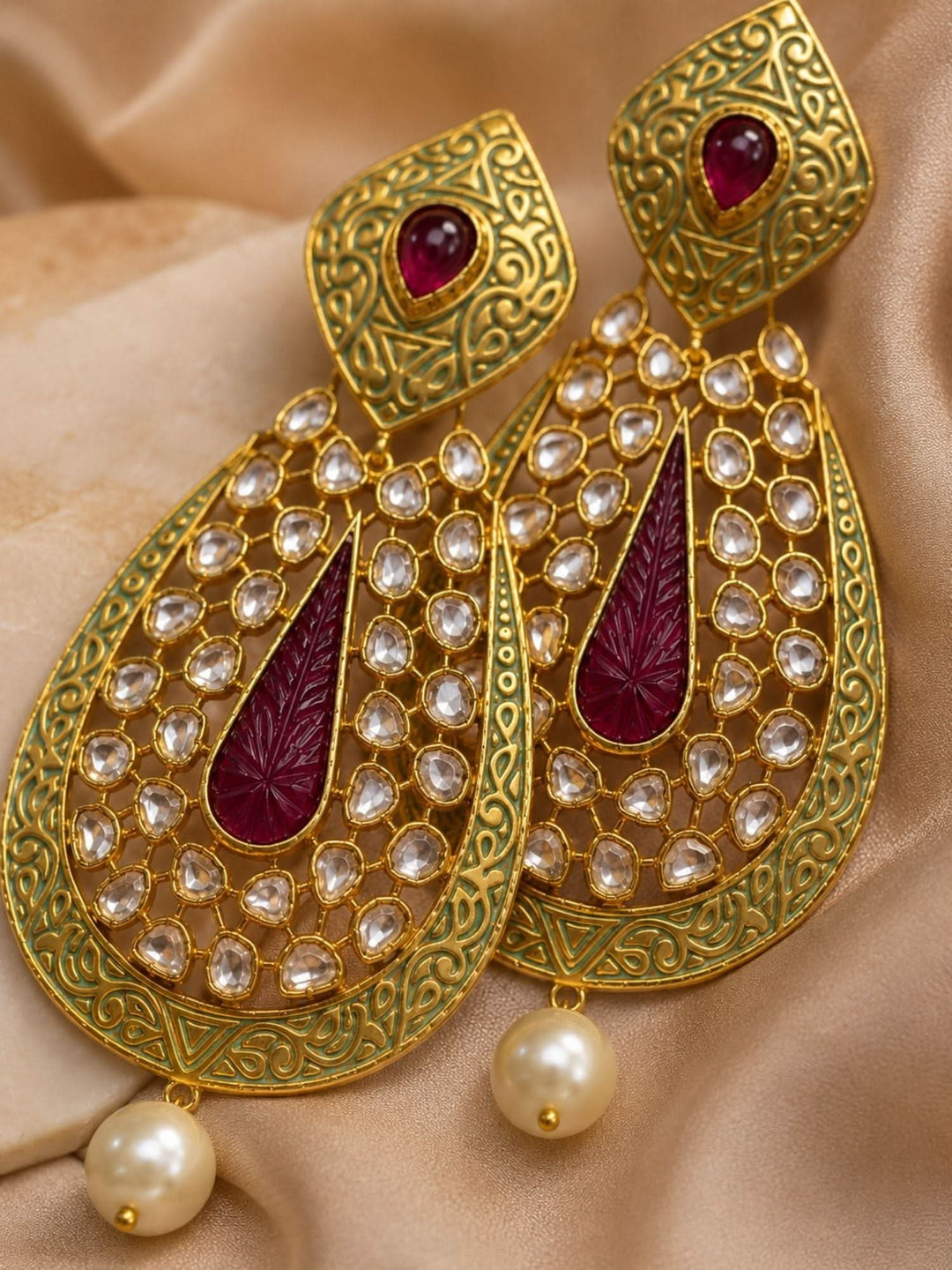 Ruby Green Kundan Statement Earrings – Pearl Drop Ethnic Earrings | SHOBITAM