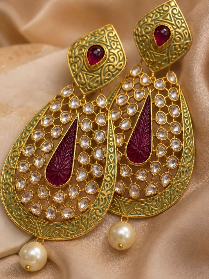 Ruby Green Kundan Statement Earrings – Pearl Drop Ethnic Earrings | SHOBITAM