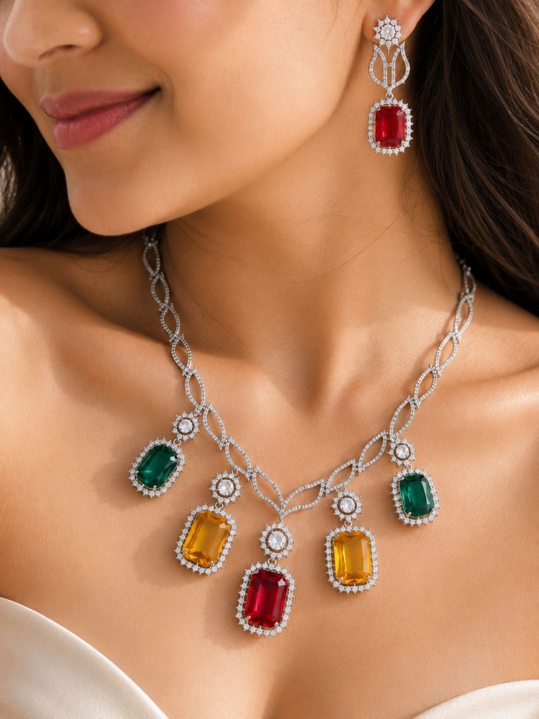 Multicolor Party CZ Necklace Set in Silver Plating | SHOBITAM