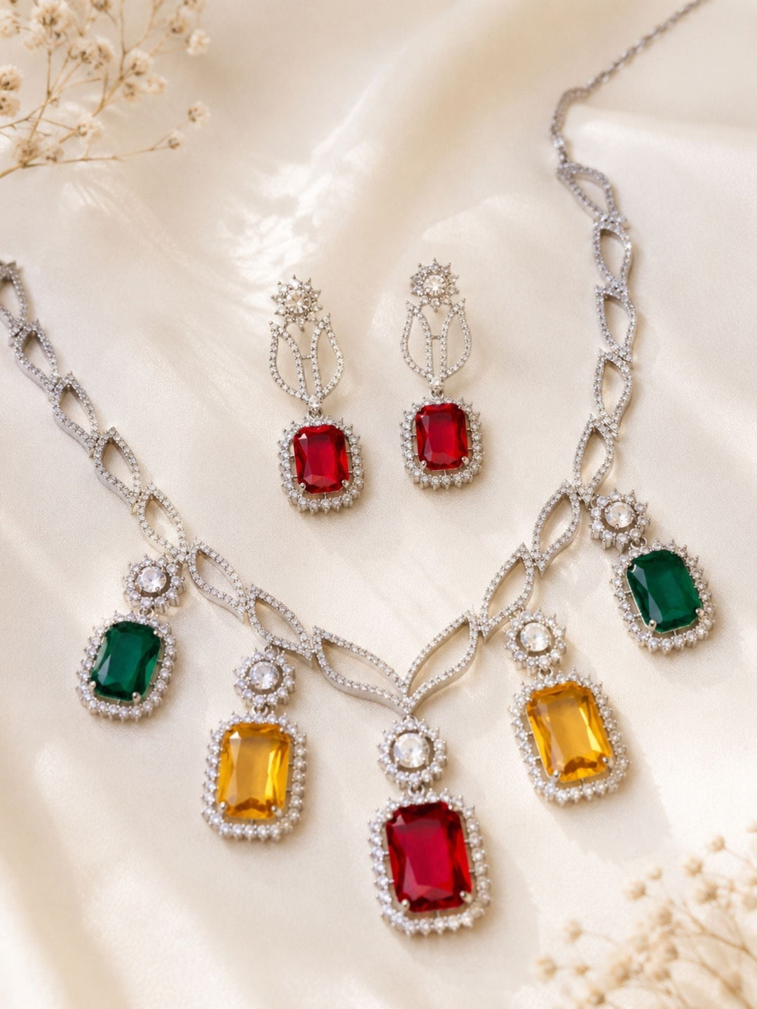 Multicolor Party CZ Necklace Set in Silver Plating | SHOBITAM
