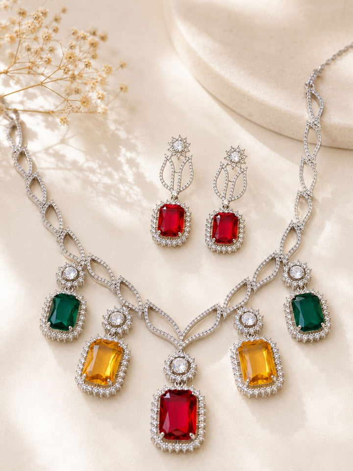 Multicolor Party CZ Necklace Set in Silver Plating | SHOBITAM