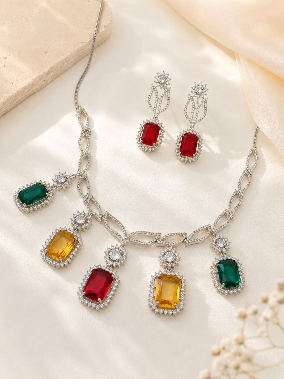 Multicolor Party CZ Necklace Set in Silver Plating | SHOBITAM