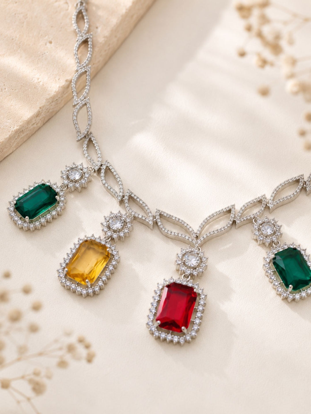 Multicolor Party CZ Necklace Set in Silver Plating | SHOBITAM
