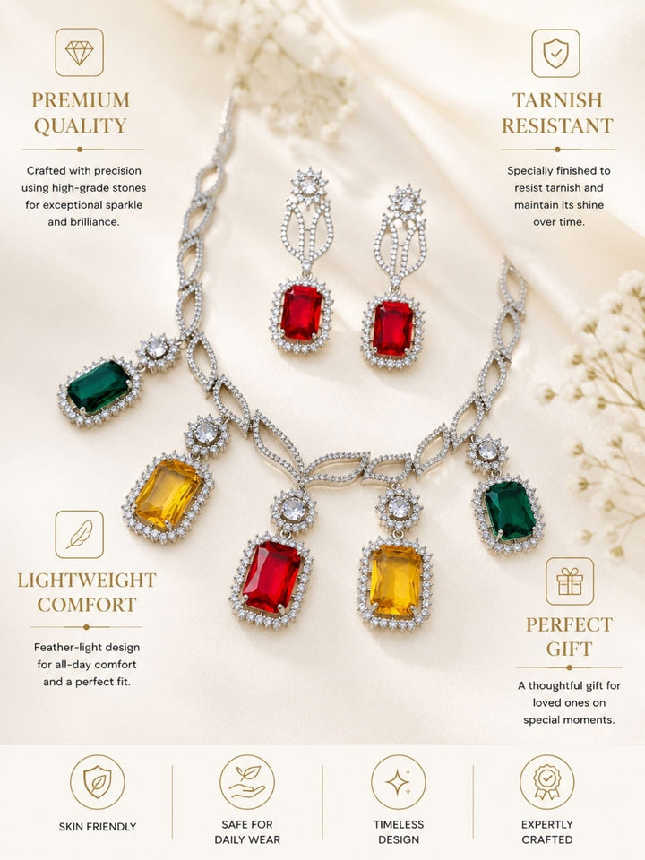 Multicolor Party CZ Necklace Set in Silver Plating | SHOBITAM