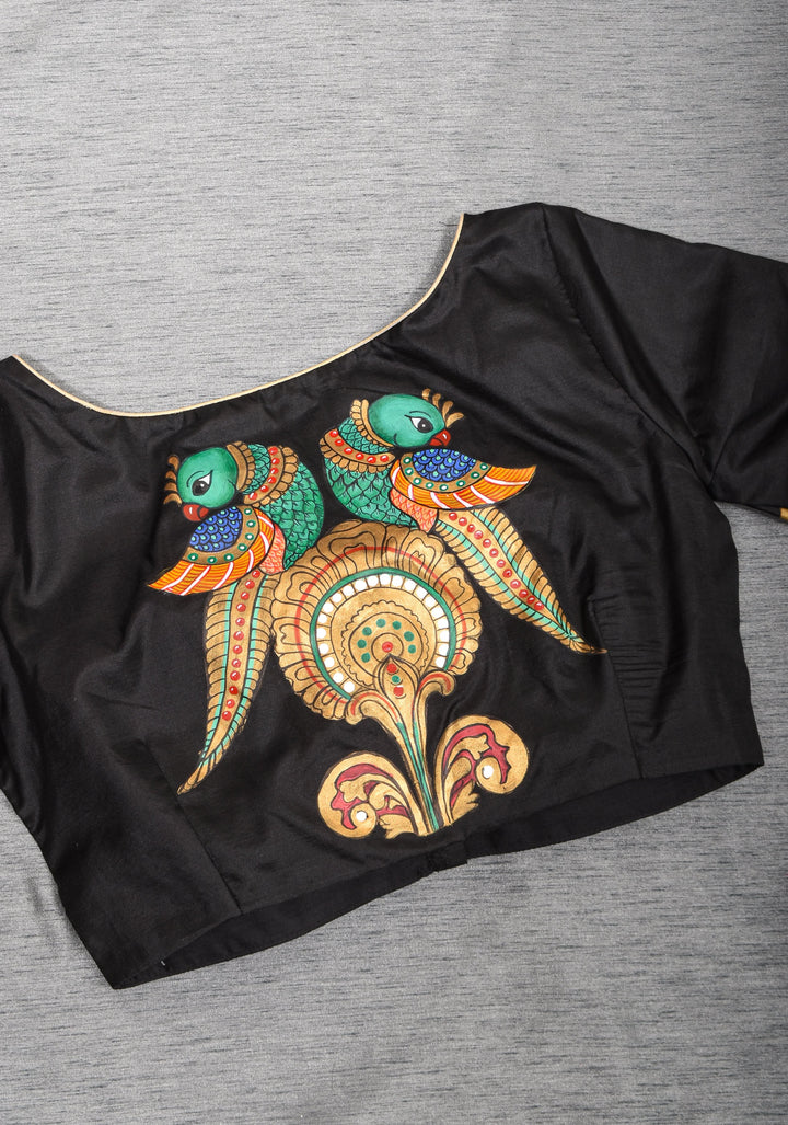 Tanjore Parrots - pure Silk blouse with Tanjore Style Hand painting, Color Customizable.