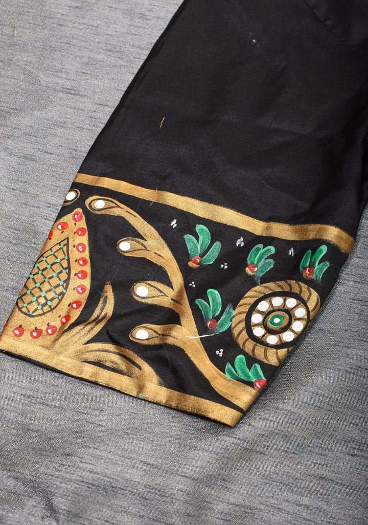Tanjore Parrots - pure Silk blouse with Tanjore Style Hand painting, Color Customizable.