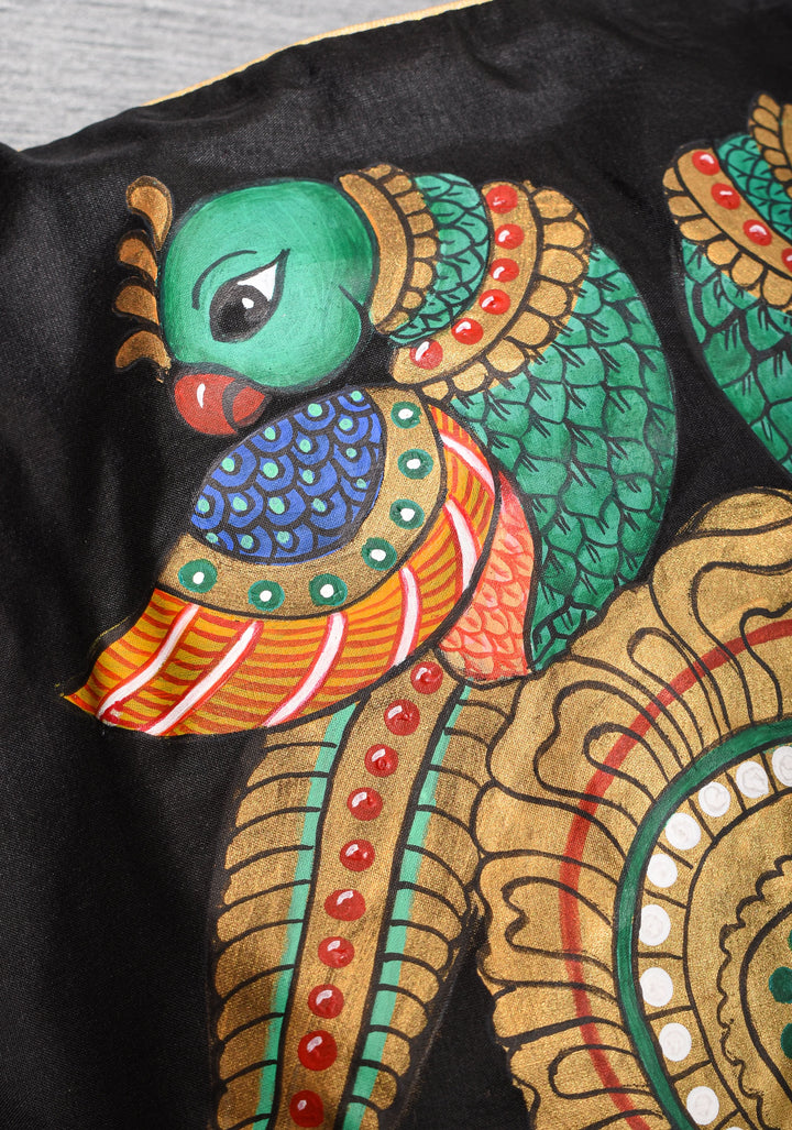 Tanjore Parrots - pure Silk blouse with Tanjore Style Hand painting, Color Customizable.