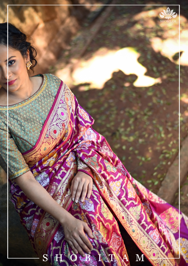 Authentic Kadhuwa Jungla Multi-color Meenakari Jaal Banarasi Silk Saree in Plum with Grand Pallu and Zari  | SILK MARK CERTIFIED