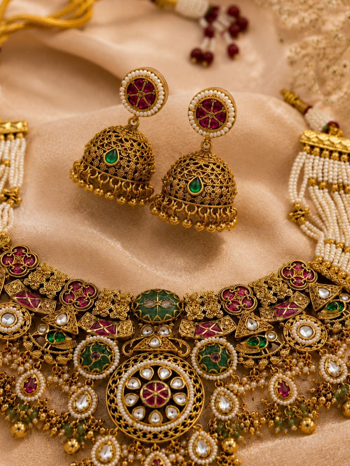Antique Gold Temple Choker Necklace Set in Antique Gold – Bridal| SHOBITAM