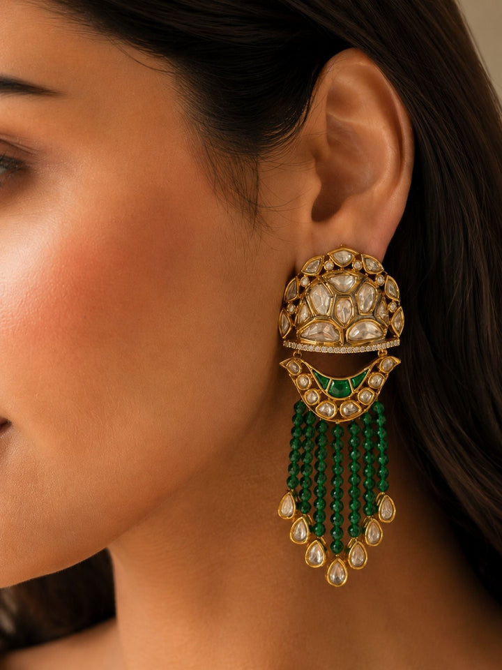 Green Kundan Tassel Earrings in Gold Finish – Festive Wear | SHOBITAM