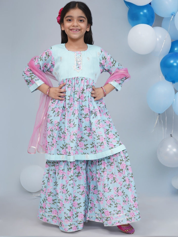 Girls Blue Muslin Floral Butterfly Kurta Sharara Set with Dupatta | SHOBITAM