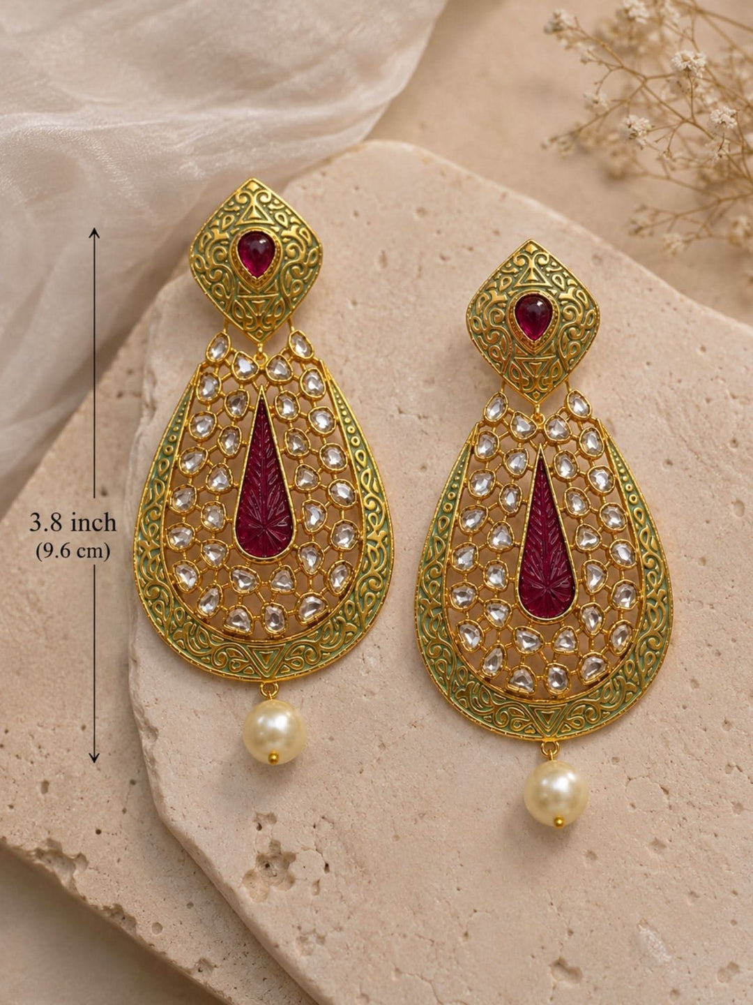 Ruby Green Kundan Statement Earrings – Pearl Drop Ethnic Earrings | SHOBITAM