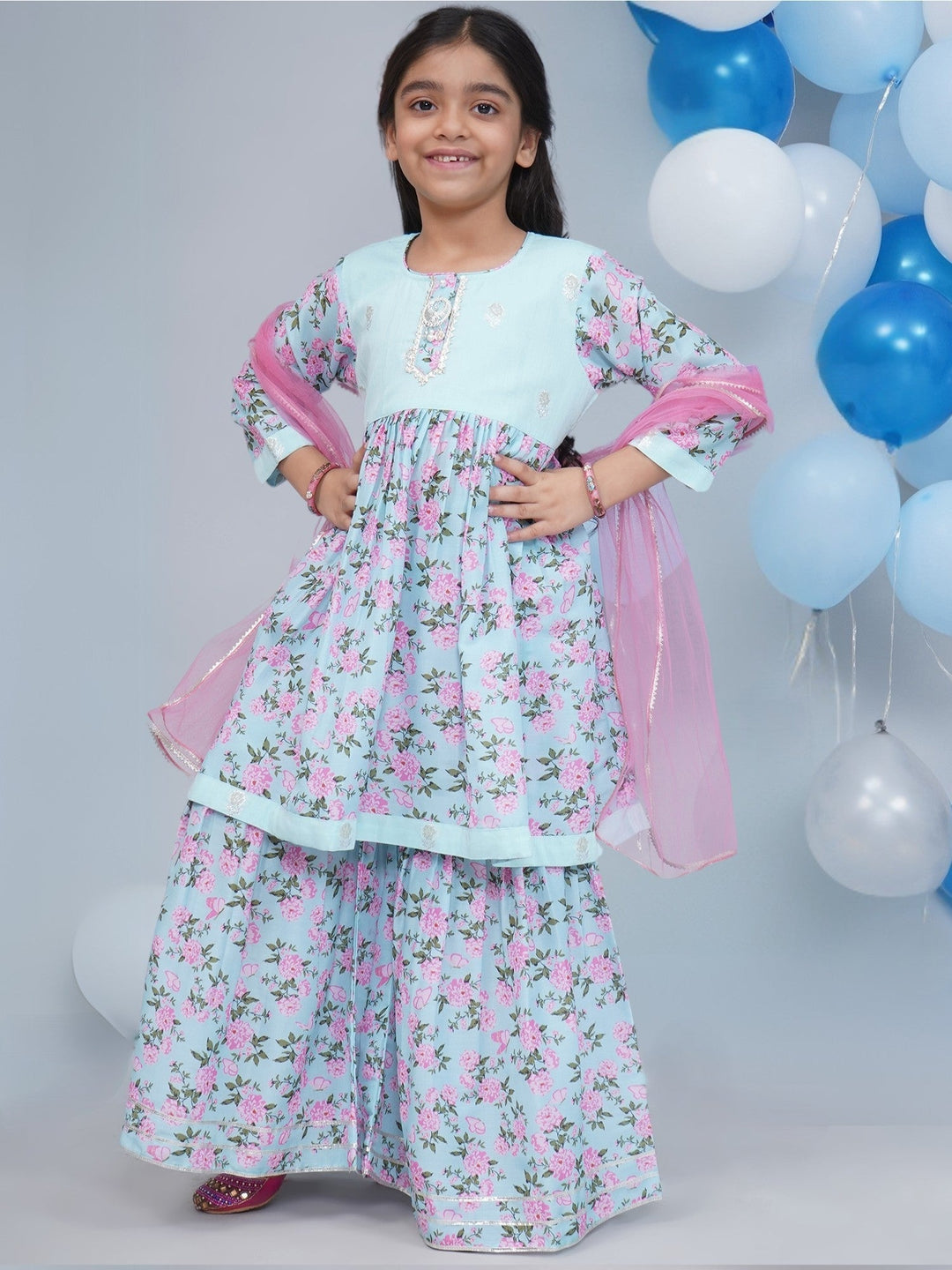 Girls Blue Muslin Floral Butterfly Kurta Sharara Set with Dupatta | SHOBITAM
