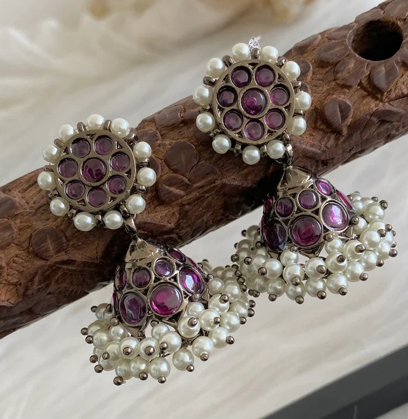 Black finish precious kemp pearl jhumkka with detachable stud | SHOBITAM