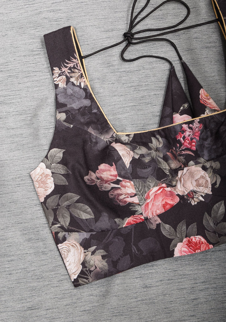Black Digital Print Cotton Blouse with Square Neck Front and sleeveless