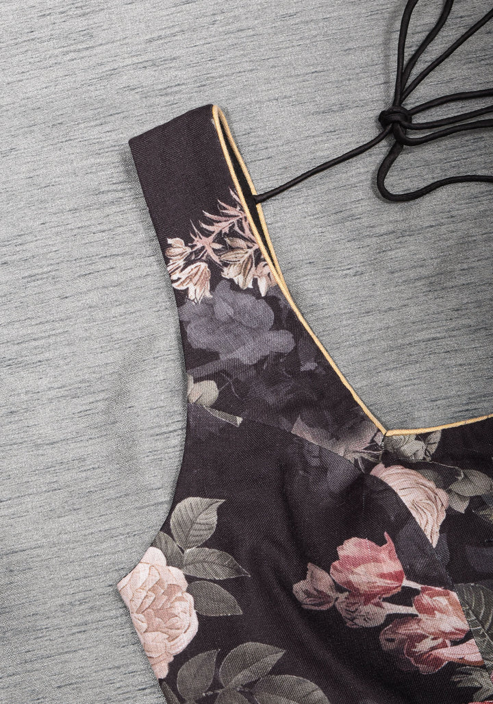 Black Digital Print Cotton Blouse with Square Neck Front and sleeveless