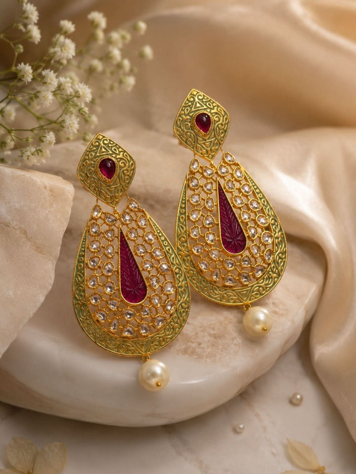 Ruby Green Kundan Statement Earrings – Pearl Drop Ethnic Earrings | SHOBITAM