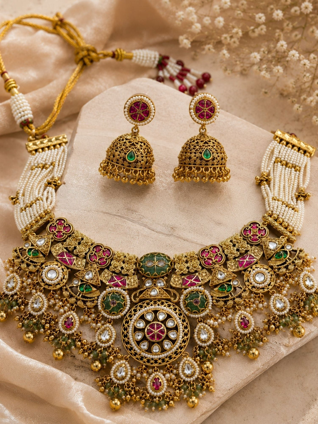 Antique Gold Temple Choker Necklace Set in Antique Gold – Bridal| SHOBITAM
