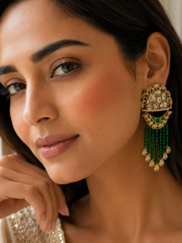 Green Kundan Tassel Earrings in Gold Finish – Festive Wear | SHOBITAM