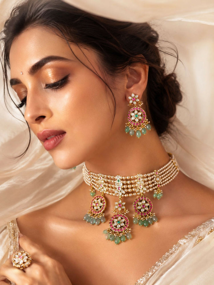 Pearl Kundan Choker Set with Ruby & Emerald Drops | Shobitam