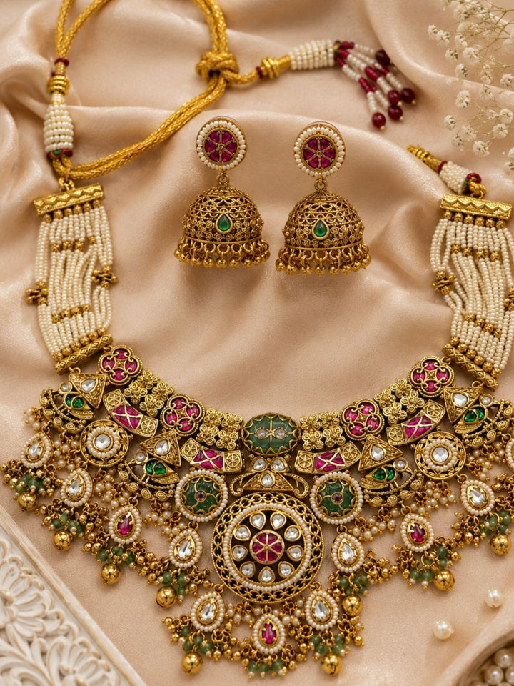Antique Gold Temple Choker Necklace Set in Antique Gold – Bridal| SHOBITAM