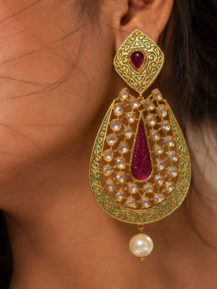 Ruby Green Kundan Statement Earrings – Pearl Drop Ethnic Earrings | SHOBITAM