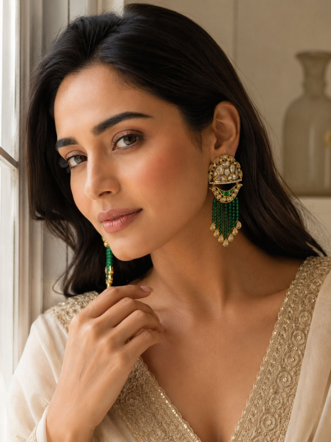 Green Kundan Tassel Earrings in Gold Finish – Festive Wear | SHOBITAM