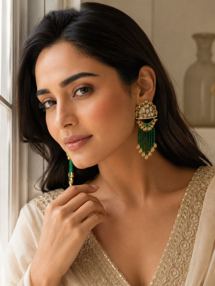 Green Kundan Tassel Earrings in Gold Finish – Festive Wear | SHOBITAM