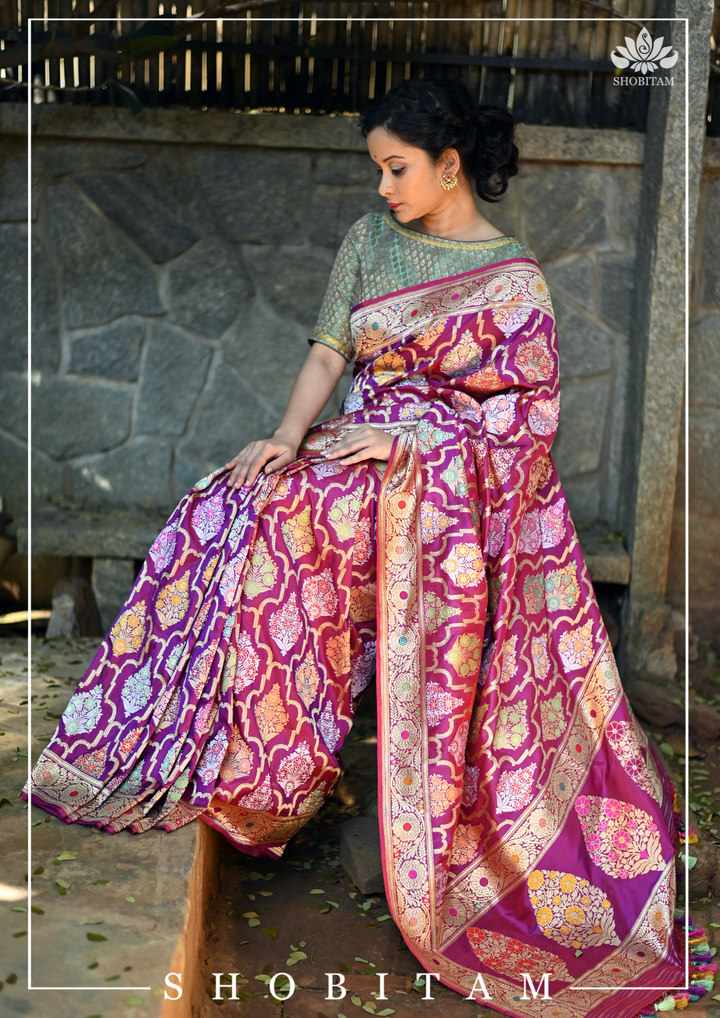 Authentic Kadhuwa Jungla Multi-color Meenakari Jaal Banarasi Silk Saree in Plum with Grand Pallu and Zari  | SILK MARK CERTIFIED