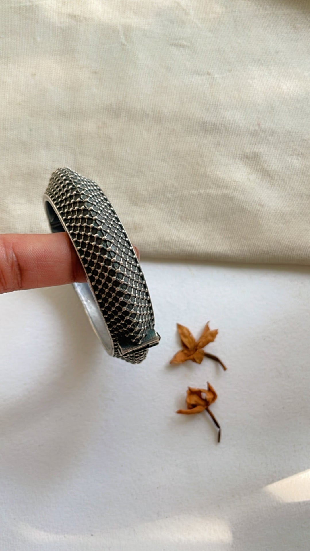 Meha Bangle in Brass with Antique Silver Polish and Adjustable Screw- Single Piece | SHOBITAM